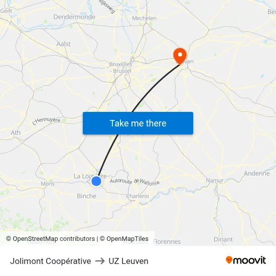 Jolimont Coopérative to UZ Leuven map