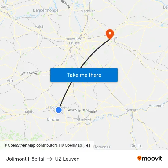 Jolimont Hôpital to UZ Leuven map