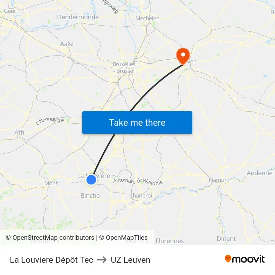 La Louviere Dépôt Tec to UZ Leuven map