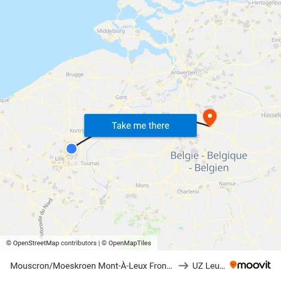 Mouscron/Moeskroen Mont-À-Leux Frontière/Grens to UZ Leuven map