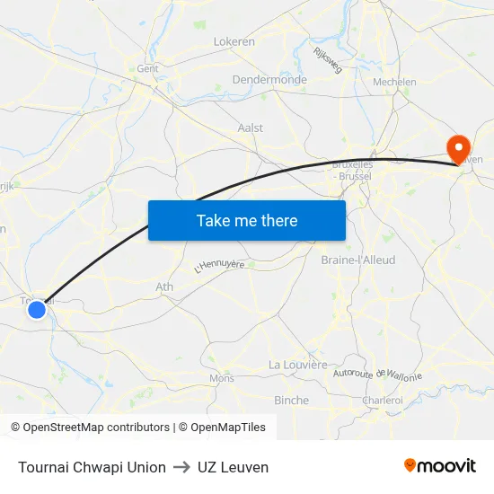 Tournai Chwapi Union to UZ Leuven map