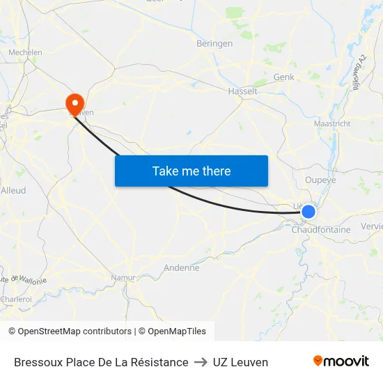 Bressoux Resistance Square to UZ Leuven map