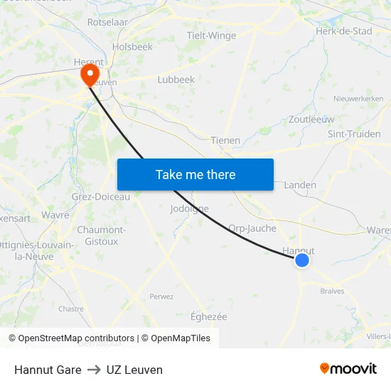 Hannut Gare to UZ Leuven map
