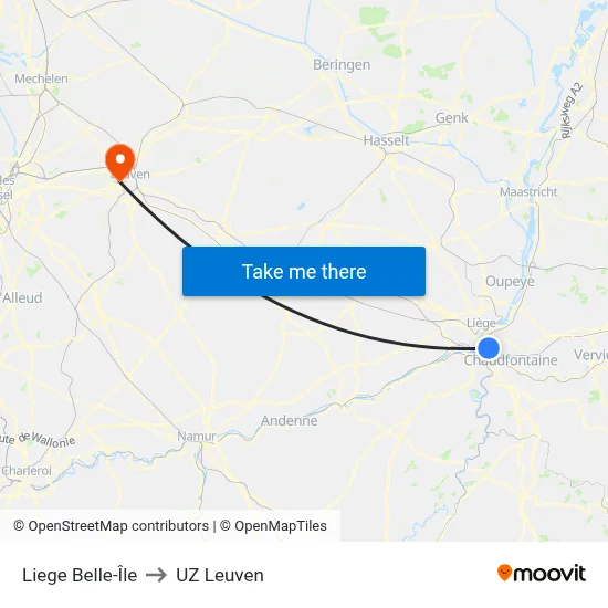 Liege Belle-Île to UZ Leuven map