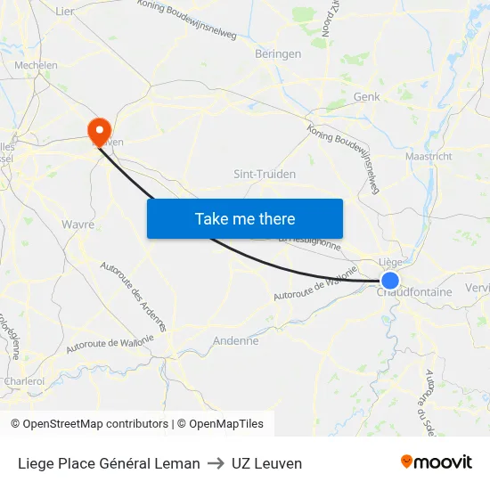Liege Place Général Leman to UZ Leuven map