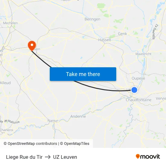 Liege Rue du Tir to UZ Leuven map