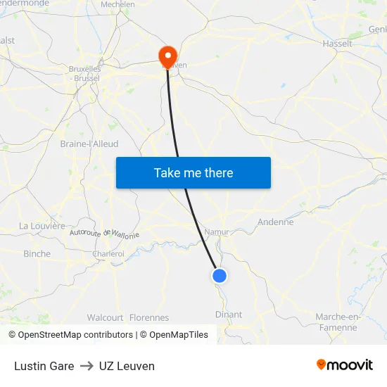 Lustin Gare to UZ Leuven map