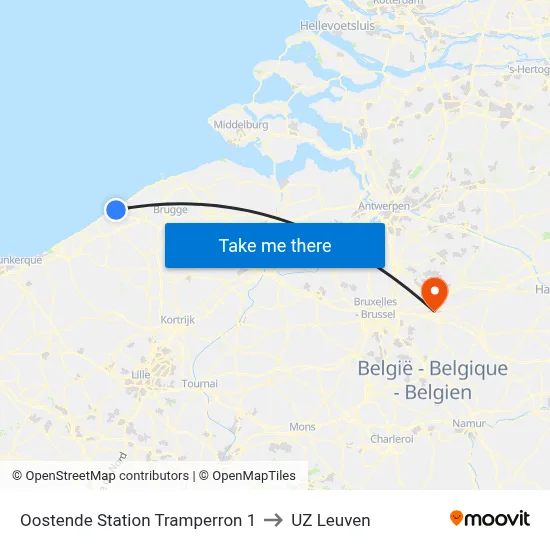 Oostende Station Tramperron 1 to UZ Leuven map