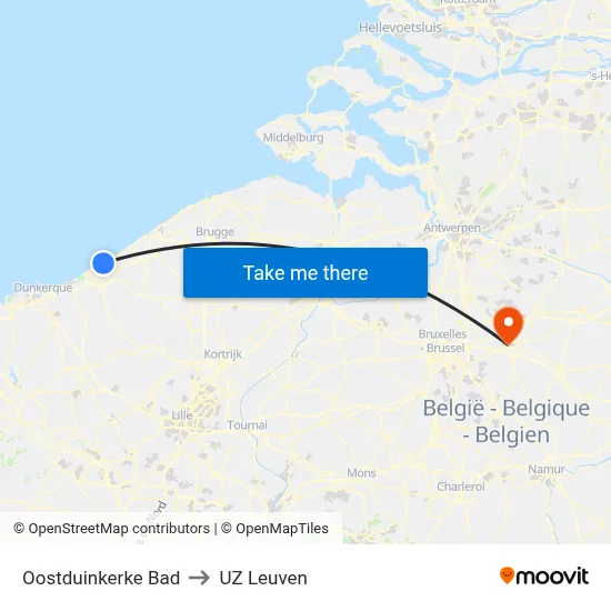 Oostduinkerke Bad to UZ Leuven map