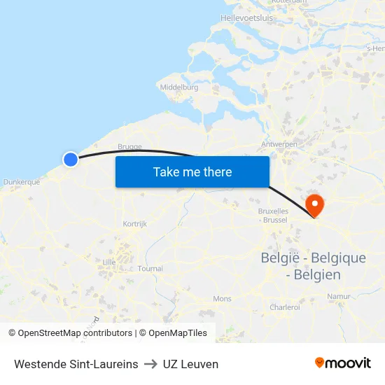 Westende Sint-Laureins to UZ Leuven map