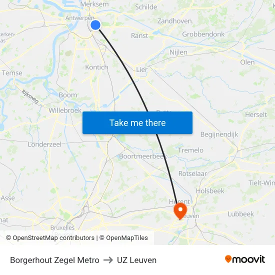 Borgerhout Zegel Metro to UZ Leuven map
