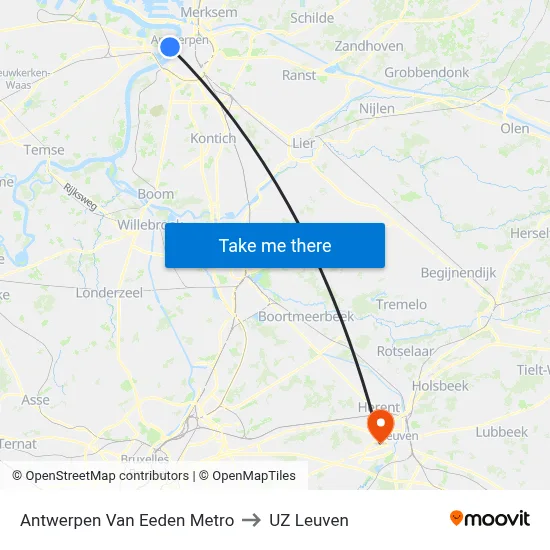 Antwerpen Van Eeden Metro to UZ Leuven map