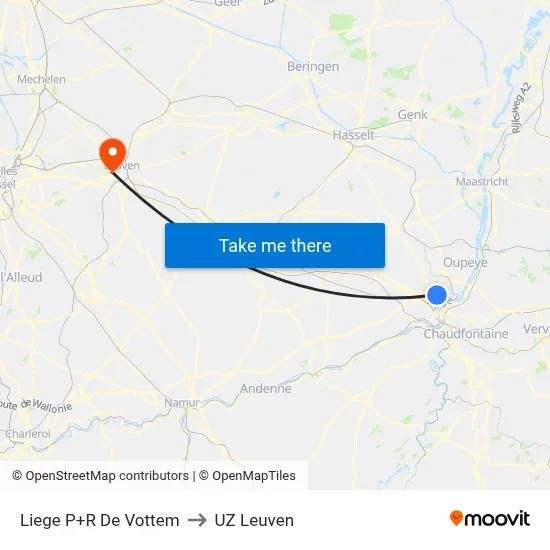 Liege P+R De Vottem to UZ Leuven map