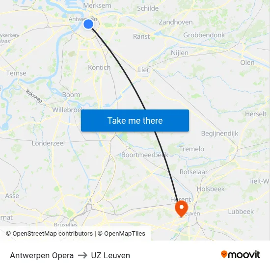 Antwerpen Opera to UZ Leuven map