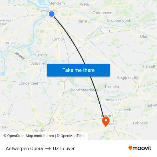 Antwerpen Opera to UZ Leuven map
