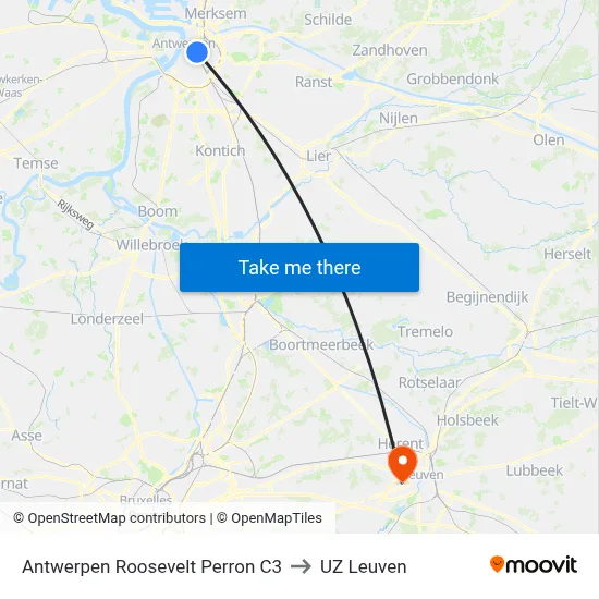 Antwerpen Roosevelt Perron C3 to UZ Leuven map