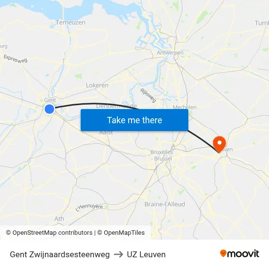 Gent Zwijnaardsesteenweg to UZ Leuven map