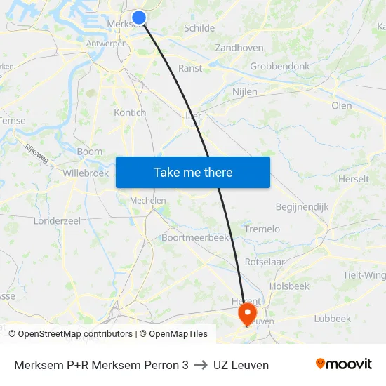 Merksem P+R Merksem Perron 3 to UZ Leuven map