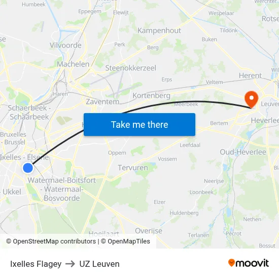 Ixelles Flagey to UZ Leuven map