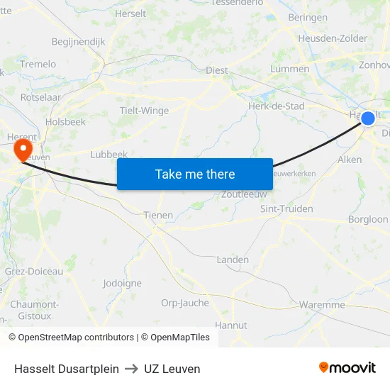 Hasselt Dusartplein to UZ Leuven map