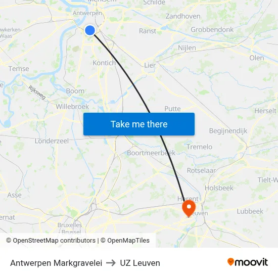 Antwerpen Markgravelei to UZ Leuven map
