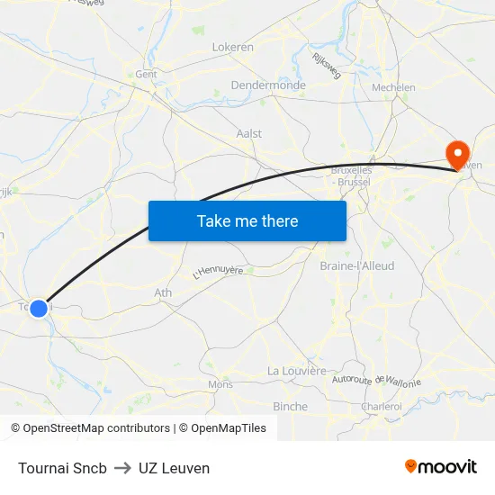 Tournai Sncb to UZ Leuven map