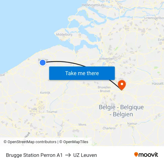 Brugge Station Perron A1 to UZ Leuven map