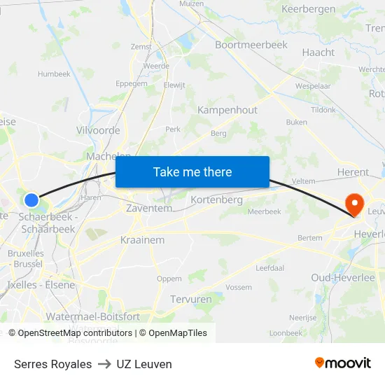Serres Royales to UZ Leuven map