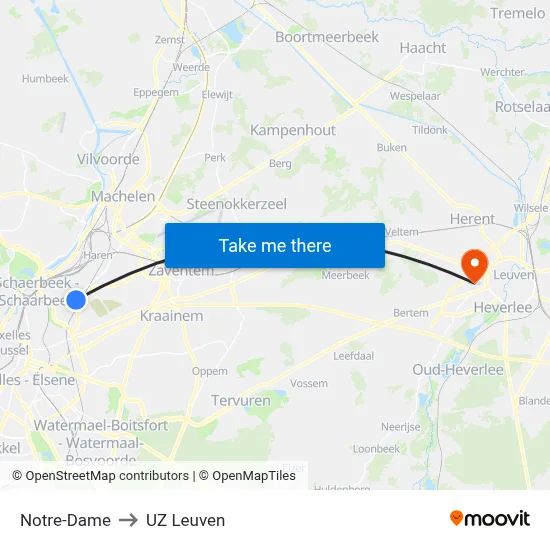Notre-Dame to UZ Leuven map