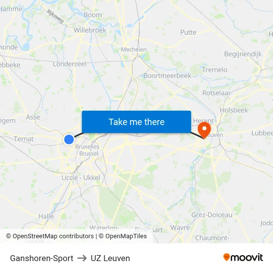 Ganshoren-Sport to UZ Leuven map
