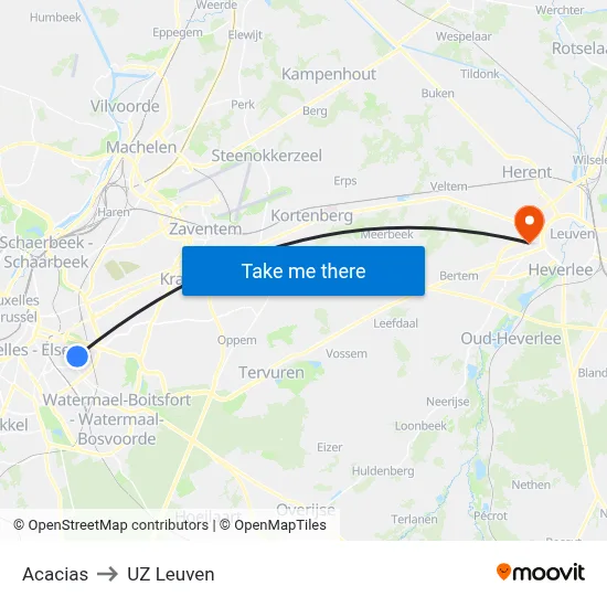 Acacias to UZ Leuven map
