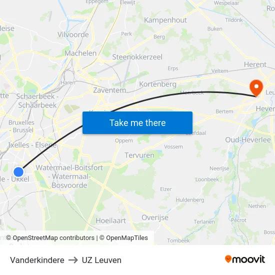Vanderkindere to UZ Leuven map