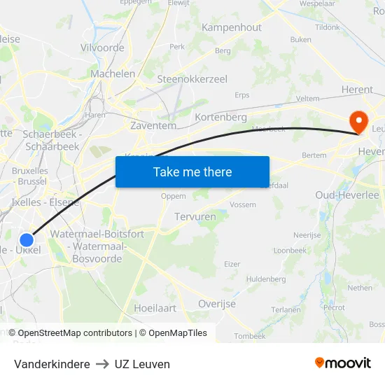 Vanderkindere to UZ Leuven map