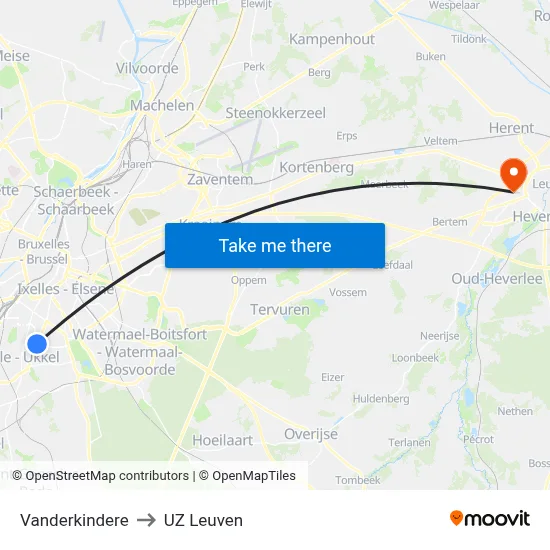 Vanderkindere to UZ Leuven map