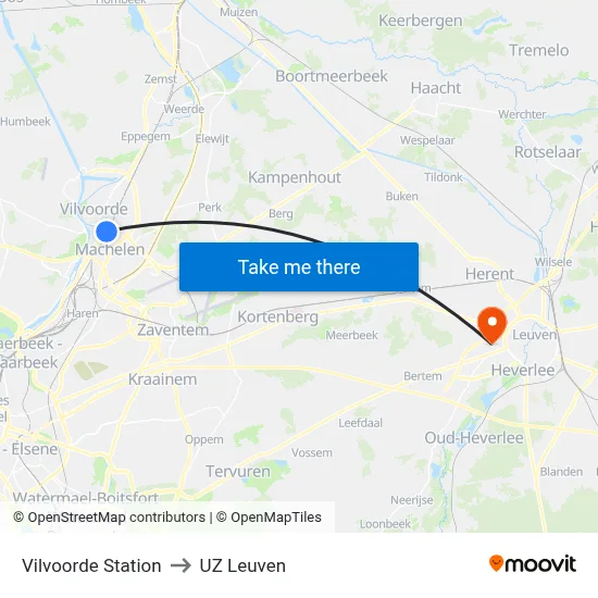 Vilvoorde Station to UZ Leuven map