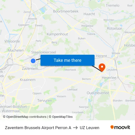 Zaventem Brussels Airport Perron A to UZ Leuven map