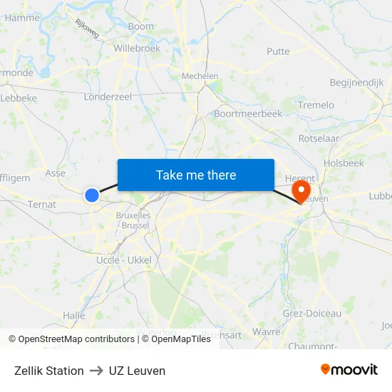 Zellik Station to UZ Leuven map
