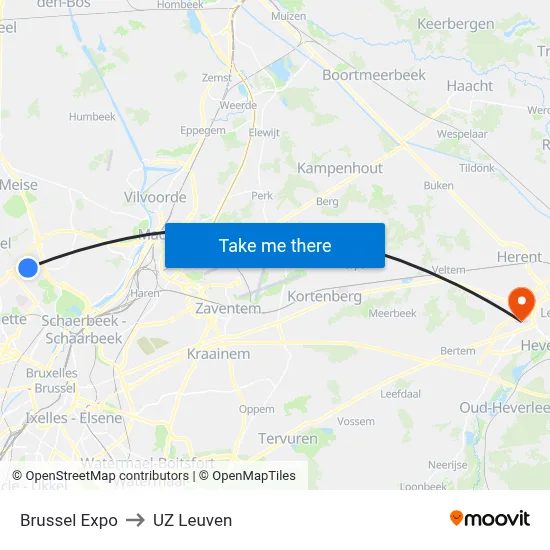 Brussel Expo to UZ Leuven map