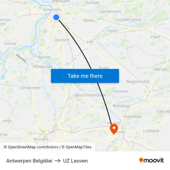 Antwerpen Belgiëlei to UZ Leuven map