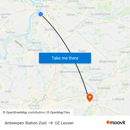 Antwerpen Station Zuid to UZ Leuven map