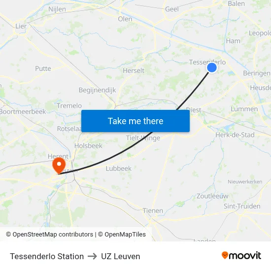 Tessenderlo Station to UZ Leuven map
