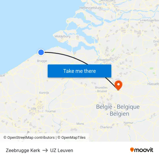 Zeebrugge Kerk to UZ Leuven map