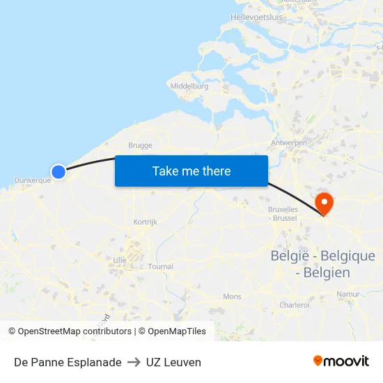 De Panne Esplanade to UZ Leuven map