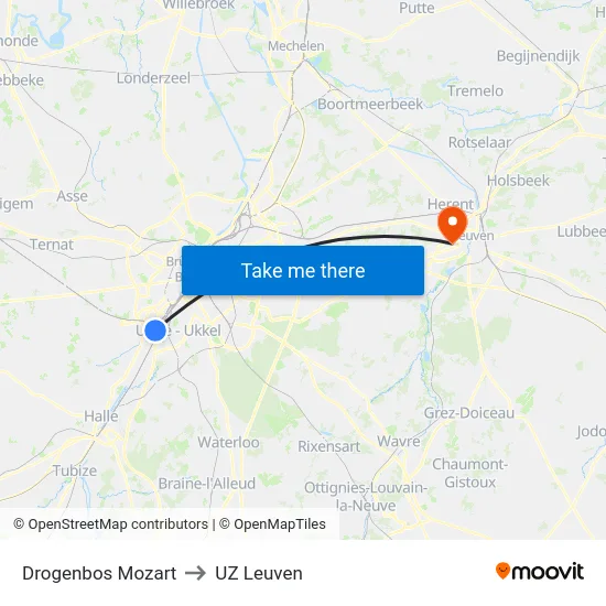 Drogenbos Mozart to UZ Leuven map