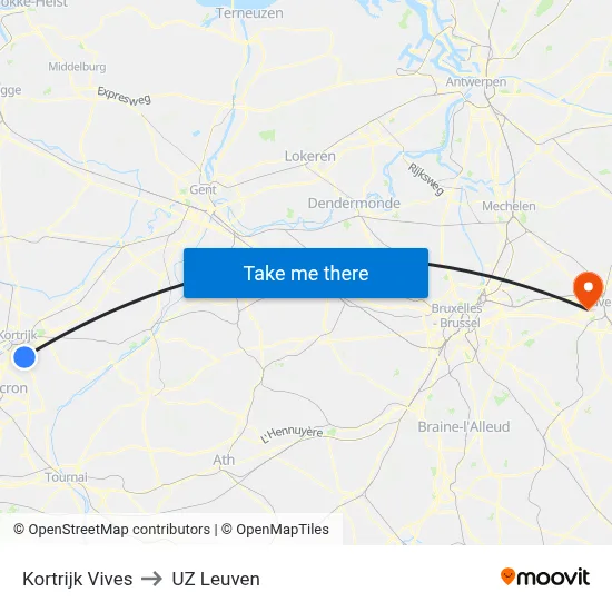 Kortrijk Vives to UZ Leuven map