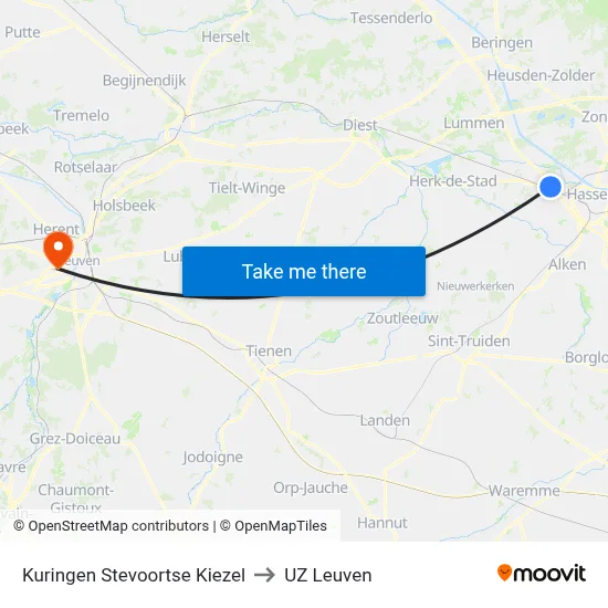 Kuringen Stevoortse Kiezel to UZ Leuven map