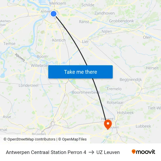 Antwerpen Centraal Station Perron 4 to UZ Leuven map