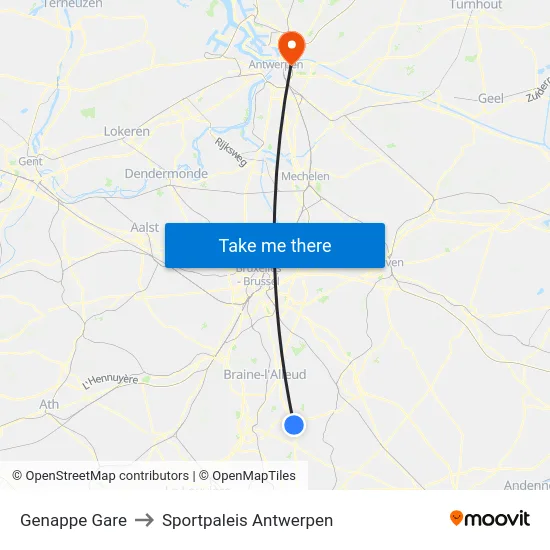 Genappe Gare to Sportpaleis Antwerpen map