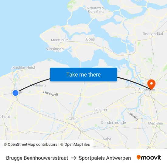 Brugge Beenhouwersstraat to Sportpaleis Antwerpen map