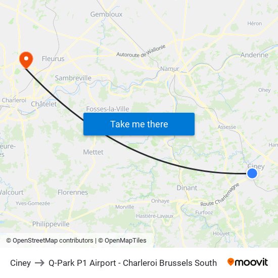 Ciney to Q-Park P1 Airport - Charleroi Brussels South map